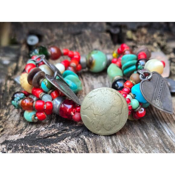 Vintage DON LUCAS Native American Navajo 925 Multi Strand Stone & Charm Bracelet - Picture 1 of 10